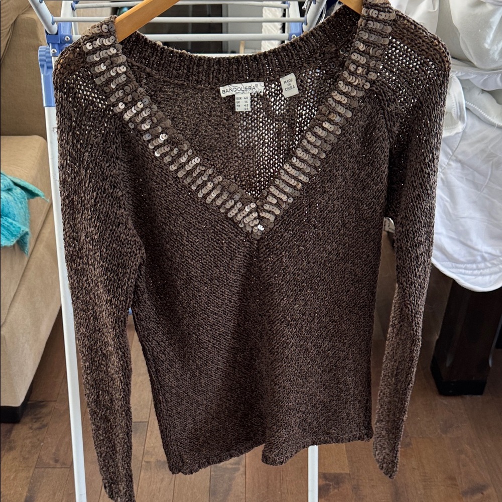 Bandolera  size 40/M Brown V-Neck Sweater with Sequin Trim